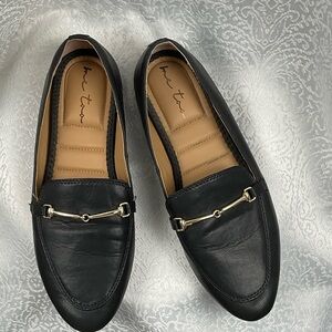 Me Too Black Leather Flats with Gold Accent